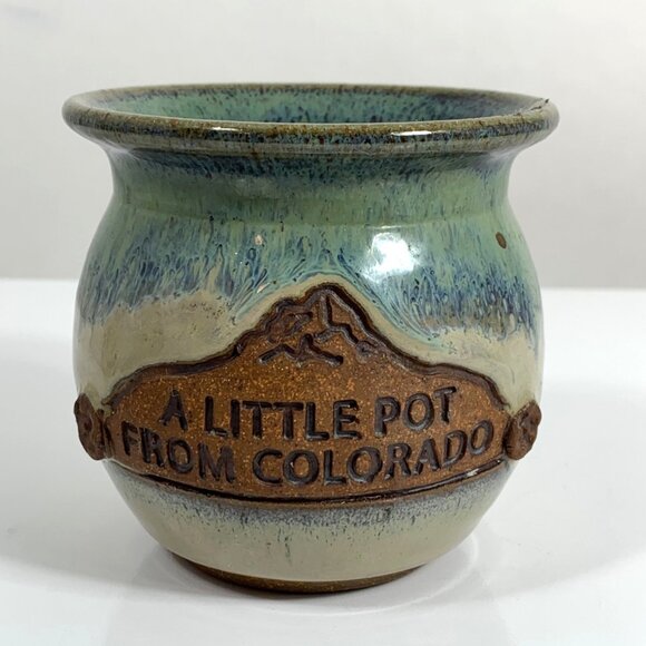 Handcrafted Stoneware Pot "A Little Pot From Colorado" Green/Blue Glaze USA Made - Picture 1 of 9